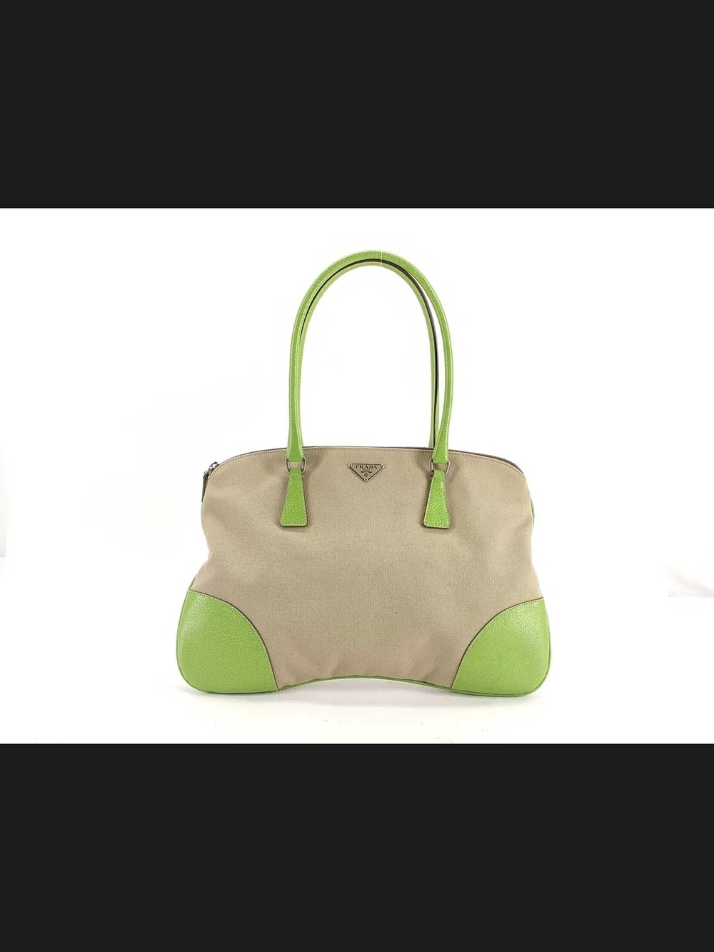 Prada Beige Canvas Tote with Lime Green Leather Accents